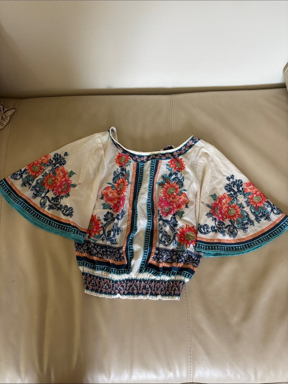 Jealous Tomato White Crop Top with Coral Floral & Teal Accents